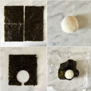 製作企鵝造型飯糰:海苔剪成1/4大小,再沿著四邊剪幾刀(海苔會比較服貼),在中下方位置剪出圓形。白飯鋪在保鮮膜上捏緊整成圓形,包上海苔,用吸管在起司壓出五官的形狀,放在飯糰上