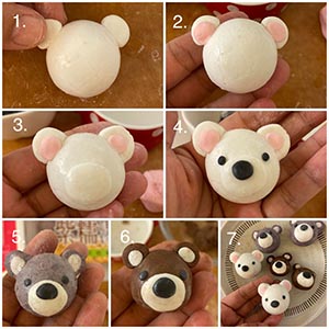 . 開始組裝熊熊，取一顆白色的桂冠湯圓（花生/芝麻) 作為熊熊的大頭，取白色小湯圓塑型為半圓形，沾水黏上，作為白色耳朵。
. 取粉色小湯圓捏成內耳使用的半圓扁扁的形狀，沾水黏在白色耳朵內，接縫的地方稍為用手指按壓接合
. 沾水黏上白色橢圓片狀當鼻子，用竹炭粉調和的黑色湯圓製作成眼睛，白色熊熊就完成囉！
. 取桂冠紫糯湯圓（花生/芝麻) 依循步驟3與步驟4 製作出紫米色的熊熊。
《小技巧》製作過程中的湯圓材料，以及製作好的湯圓，可以蓋上沾濕的餐巾紙或者乾淨的濕布，避免湯圓乾裂喔！
