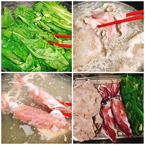 青菜、小管燙至變色即可(約2-3分鐘)和肉片清洗乾淨後依序川燙後備用。
小技巧:
*青菜、小管和肉片先川燙,可避免浮沫雜質影響湯頭鮮甜。
*小管避免燙過久,後續再煮口感會過老喔~