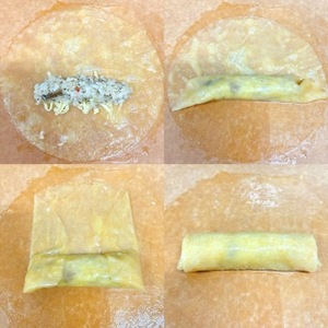 於米紙約1/3處鋪上起司絲5g,接著放上松露野菇燉飯/番茄紅醬時蔬義大利麵,將下方米紙往上蓋住燉飯/義大利麵,捲至約一半位置後再把左右米紙往內包,再捲到底即可。